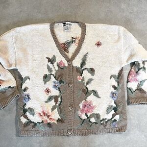 Vintage Floral Knit Cardigan Sweater. XL. TOGETHER. ramie & cotton